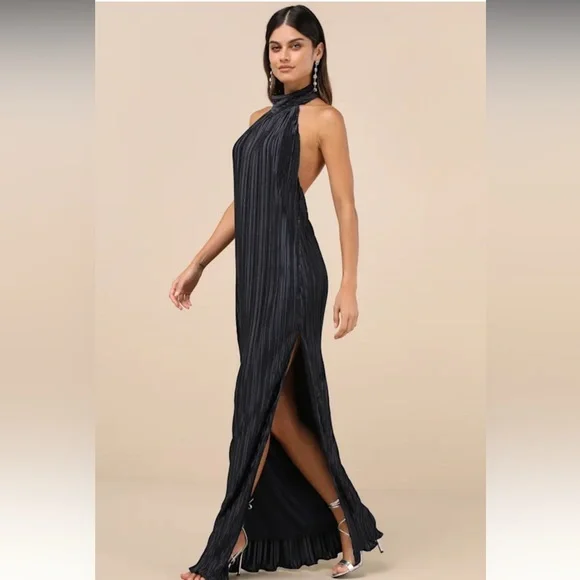 Lulus Gwenny High Neckline Satin Plisse Maxi Dress Dark Navy Blue - Size Medium - Picture 4 of 7